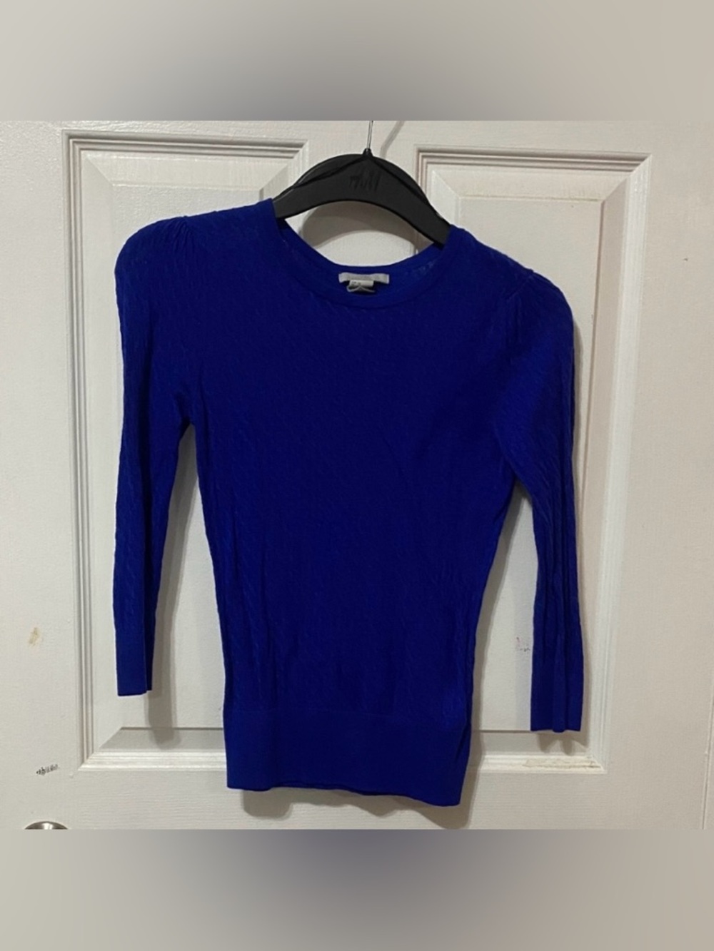 Cobalt Royal Blue Puff Sleeve Ribbed Knit Top H&M XS Quiet Luxury - Picture 3 of 10